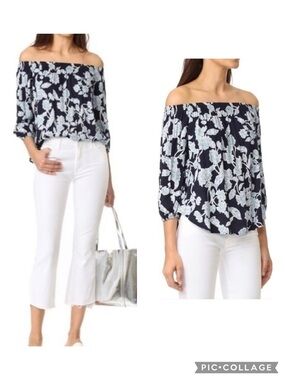 Splendid Top Off the Shoulder Navy Blue Mint Floral Floral S Garden Boho Chic